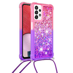 Coque Silicone Housse Etui Gel Bling-Bling avec Laniere Strap S01 pour Samsung Galaxy A13 4G Rose Rouge