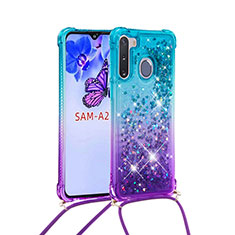 Coque Silicone Housse Etui Gel Bling-Bling avec Laniere Strap S01 pour Samsung Galaxy A21 European Bleu Ciel