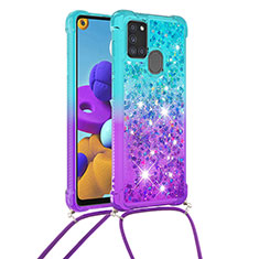 Coque Silicone Housse Etui Gel Bling-Bling avec Laniere Strap S01 pour Samsung Galaxy A21s Bleu Ciel