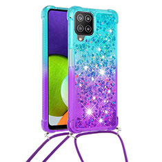 Coque Silicone Housse Etui Gel Bling-Bling avec Laniere Strap S01 pour Samsung Galaxy A22 4G Bleu Ciel