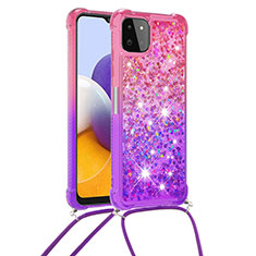 Coque Silicone Housse Etui Gel Bling-Bling avec Laniere Strap S01 pour Samsung Galaxy A22s 5G Rose Rouge