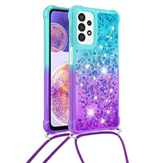 Coque Silicone Housse Etui Gel Bling-Bling avec Laniere Strap S01 pour Samsung Galaxy A23 4G Bleu Ciel