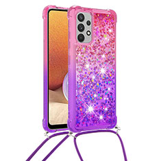Coque Silicone Housse Etui Gel Bling-Bling avec Laniere Strap S01 pour Samsung Galaxy A32 4G Rose Rouge