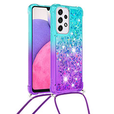 Coque Silicone Housse Etui Gel Bling-Bling avec Laniere Strap S01 pour Samsung Galaxy A33 5G Bleu Ciel