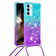 Coque Silicone Housse Etui Gel Bling-Bling avec Laniere Strap S01 pour Samsung Galaxy A35 5G Bleu Ciel