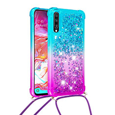 Coque Silicone Housse Etui Gel Bling-Bling avec Laniere Strap S01 pour Samsung Galaxy A70S Bleu Ciel