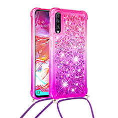 Coque Silicone Housse Etui Gel Bling-Bling avec Laniere Strap S01 pour Samsung Galaxy A70S Rose Rouge