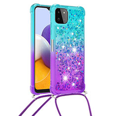 Coque Silicone Housse Etui Gel Bling-Bling avec Laniere Strap S01 pour Samsung Galaxy F42 5G Bleu Ciel