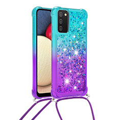 Coque Silicone Housse Etui Gel Bling-Bling avec Laniere Strap S01 pour Samsung Galaxy M02s Bleu Ciel