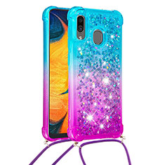 Coque Silicone Housse Etui Gel Bling-Bling avec Laniere Strap S01 pour Samsung Galaxy M10S Bleu Ciel