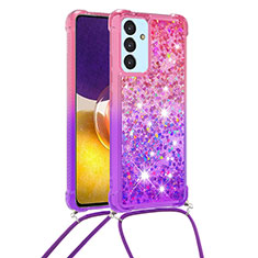 Coque Silicone Housse Etui Gel Bling-Bling avec Laniere Strap S01 pour Samsung Galaxy M14 5G Rose Rouge