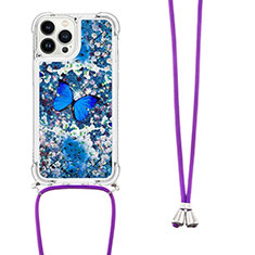 Coque Silicone Housse Etui Gel Bling-Bling avec Laniere Strap S02 pour Apple iPhone 13 Pro Max Bleu