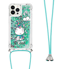 Coque Silicone Housse Etui Gel Bling-Bling avec Laniere Strap S02 pour Apple iPhone 13 Pro Max Vert