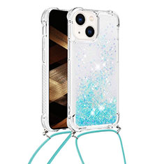 Coque Silicone Housse Etui Gel Bling-Bling avec Laniere Strap S02 pour Apple iPhone 14 Bleu Ciel