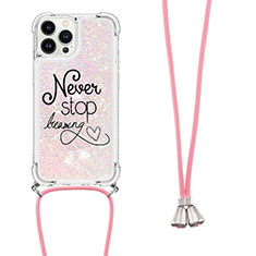 Coque Silicone Housse Etui Gel Bling-Bling avec Laniere Strap S02 pour Apple iPhone 14 Pro Max Or Rose