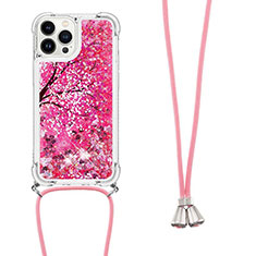 Coque Silicone Housse Etui Gel Bling-Bling avec Laniere Strap S02 pour Apple iPhone 14 Pro Rouge