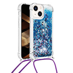 Coque Silicone Housse Etui Gel Bling-Bling avec Laniere Strap S02 pour Apple iPhone 15 Bleu