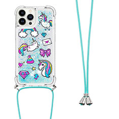 Coque Silicone Housse Etui Gel Bling-Bling avec Laniere Strap S02 pour Apple iPhone 15 Pro Bleu Ciel