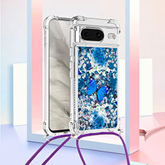 Coque Silicone Housse Etui Gel Bling-Bling avec Laniere Strap S02 pour Google Pixel 8 5G Bleu