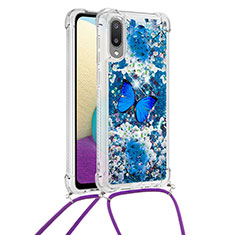 Coque Silicone Housse Etui Gel Bling-Bling avec Laniere Strap S02 pour Samsung Galaxy A02 Bleu