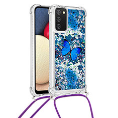 Coque Silicone Housse Etui Gel Bling-Bling avec Laniere Strap S02 pour Samsung Galaxy A03s Bleu