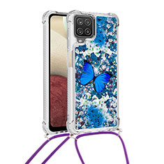 Coque Silicone Housse Etui Gel Bling-Bling avec Laniere Strap S02 pour Samsung Galaxy A12 Bleu