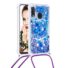 Coque Silicone Housse Etui Gel Bling-Bling avec Laniere Strap S02 pour Samsung Galaxy A20e Bleu