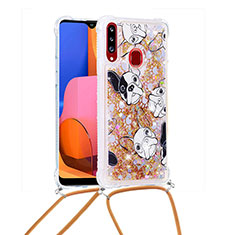 Coque Silicone Housse Etui Gel Bling-Bling avec Laniere Strap S02 pour Samsung Galaxy A20s Or