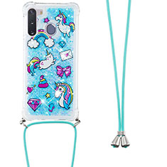 Coque Silicone Housse Etui Gel Bling-Bling avec Laniere Strap S02 pour Samsung Galaxy A21 European Bleu Ciel