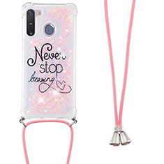 Coque Silicone Housse Etui Gel Bling-Bling avec Laniere Strap S02 pour Samsung Galaxy A21 European Rose