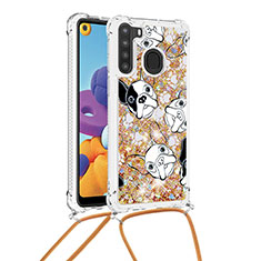 Coque Silicone Housse Etui Gel Bling-Bling avec Laniere Strap S02 pour Samsung Galaxy A21 Or