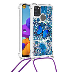 Coque Silicone Housse Etui Gel Bling-Bling avec Laniere Strap S02 pour Samsung Galaxy A21s Bleu