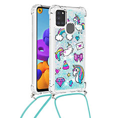 Coque Silicone Housse Etui Gel Bling-Bling avec Laniere Strap S02 pour Samsung Galaxy A21s Bleu Ciel