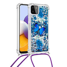 Coque Silicone Housse Etui Gel Bling-Bling avec Laniere Strap S02 pour Samsung Galaxy A22 5G Bleu