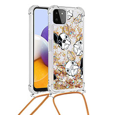 Coque Silicone Housse Etui Gel Bling-Bling avec Laniere Strap S02 pour Samsung Galaxy A22 5G Or