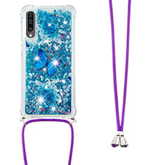 Coque Silicone Housse Etui Gel Bling-Bling avec Laniere Strap S02 pour Samsung Galaxy A30S Bleu