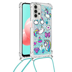 Coque Silicone Housse Etui Gel Bling-Bling avec Laniere Strap S02 pour Samsung Galaxy A32 4G Bleu Ciel