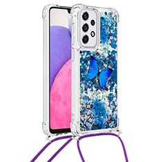 Coque Silicone Housse Etui Gel Bling-Bling avec Laniere Strap S02 pour Samsung Galaxy A33 5G Bleu