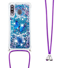 Coque Silicone Housse Etui Gel Bling-Bling avec Laniere Strap S02 pour Samsung Galaxy A40s Bleu