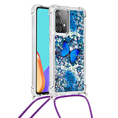 Coque Silicone Housse Etui Gel Bling-Bling avec Laniere Strap S02 pour Samsung Galaxy A52 5G Bleu