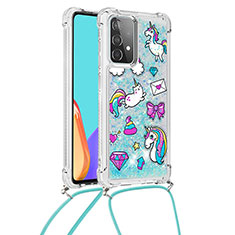 Coque Silicone Housse Etui Gel Bling-Bling avec Laniere Strap S02 pour Samsung Galaxy A52 5G Bleu Ciel