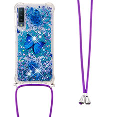 Coque Silicone Housse Etui Gel Bling-Bling avec Laniere Strap S02 pour Samsung Galaxy A7 (2018) A750 Bleu