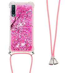 Coque Silicone Housse Etui Gel Bling-Bling avec Laniere Strap S02 pour Samsung Galaxy A7 (2018) A750 Rose Rouge