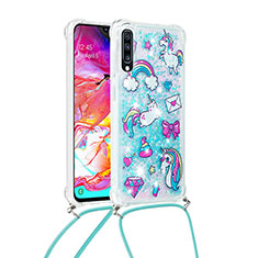 Coque Silicone Housse Etui Gel Bling-Bling avec Laniere Strap S02 pour Samsung Galaxy A70S Bleu Ciel