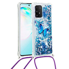 Coque Silicone Housse Etui Gel Bling-Bling avec Laniere Strap S02 pour Samsung Galaxy A91 Bleu