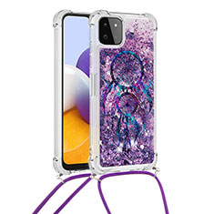 Coque Silicone Housse Etui Gel Bling-Bling avec Laniere Strap S02 pour Samsung Galaxy F42 5G Violet