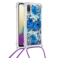 Coque Silicone Housse Etui Gel Bling-Bling avec Laniere Strap S02 pour Samsung Galaxy M02 Bleu