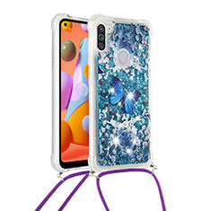 Coque Silicone Housse Etui Gel Bling-Bling avec Laniere Strap S02 pour Samsung Galaxy M11 Bleu