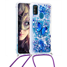 Coque Silicone Housse Etui Gel Bling-Bling avec Laniere Strap S02 pour Samsung Galaxy M21 Bleu