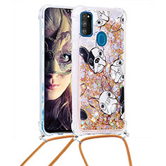 Coque Silicone Housse Etui Gel Bling-Bling avec Laniere Strap S02 pour Samsung Galaxy M21 Or